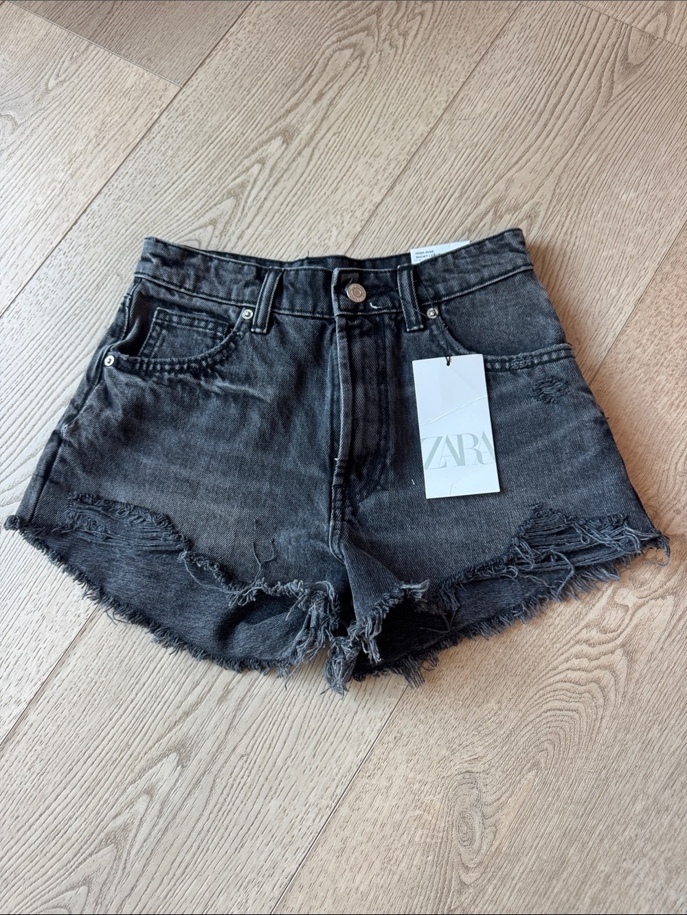 ZARA Black Distressed High-Rise Denim Shorts